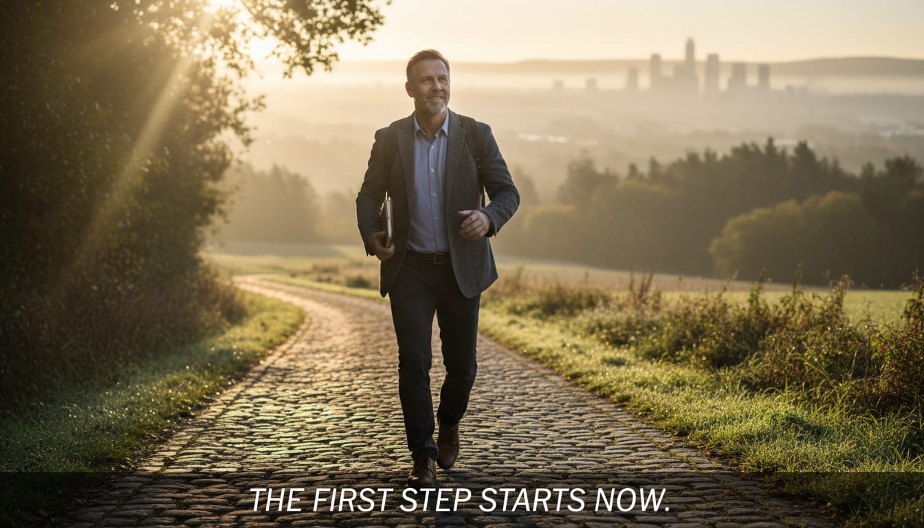 Man in his 40s taking first step on path forward with confidence at sunrise symbolizing new career beginning