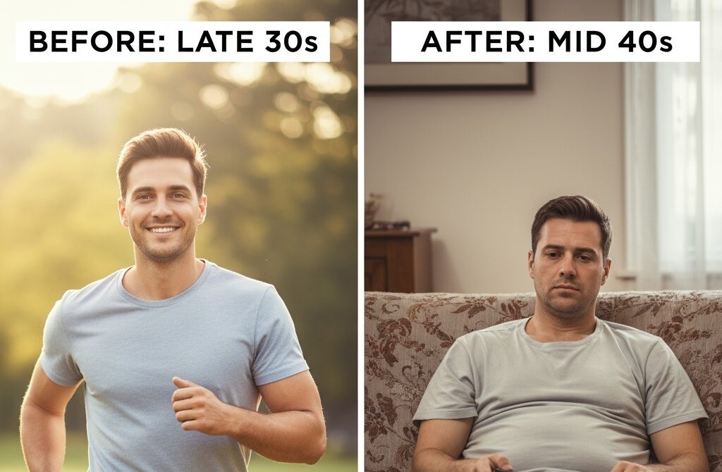 Visual representation of testosterone decline in men after 40 showing decreased energy and vitality with aging