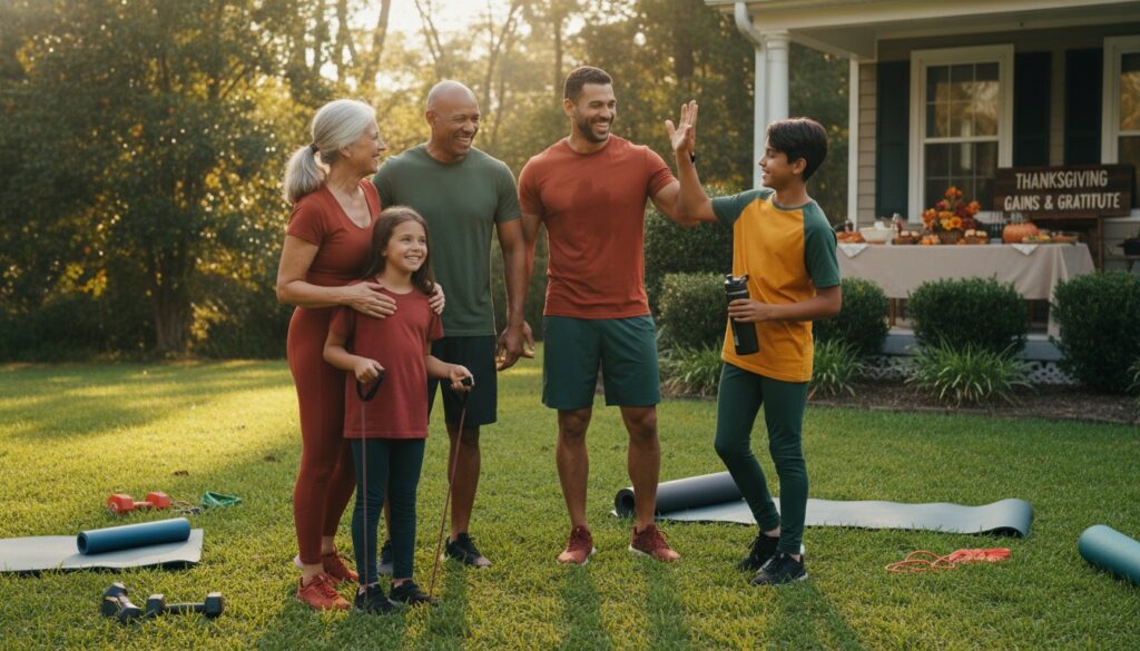 Multi-generational family including man in his 40s celebrating together after completing Thanksgiving morning workout tradition at home