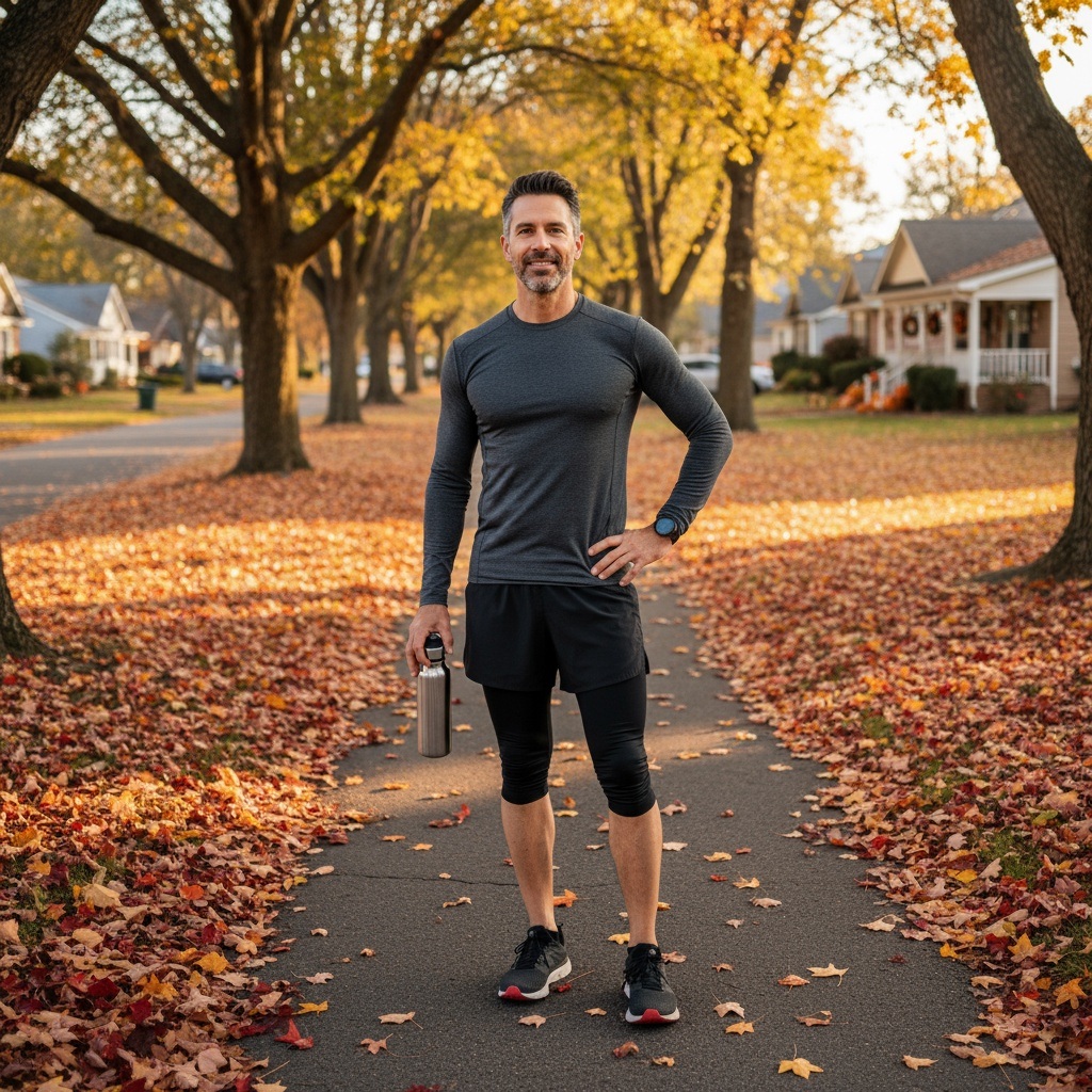 Confident man over 40 on autumn walk after Thanksgiving showing successful balance of fitness and holiday enjoyment