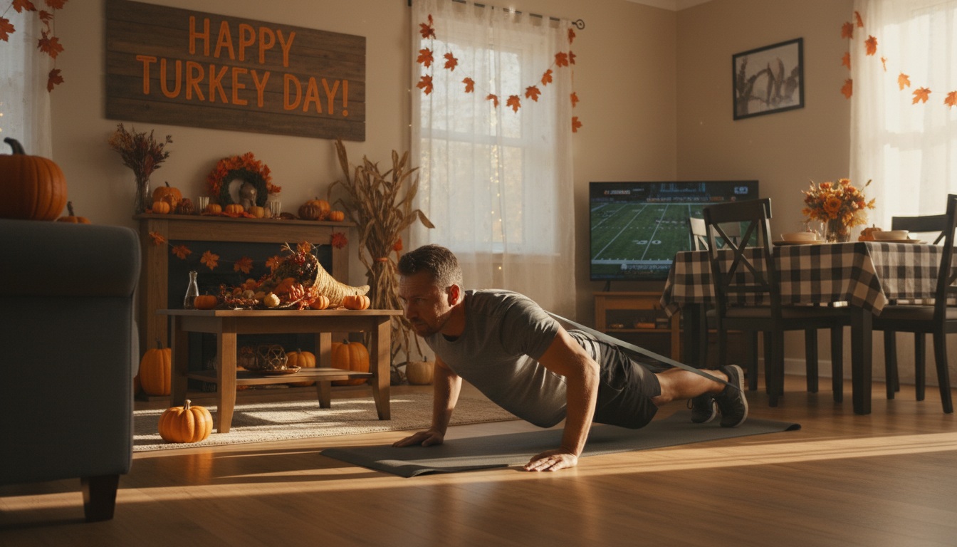 Man in his 40s performing home workout on Thanksgiving morning with autumn decorations and warm sunlight