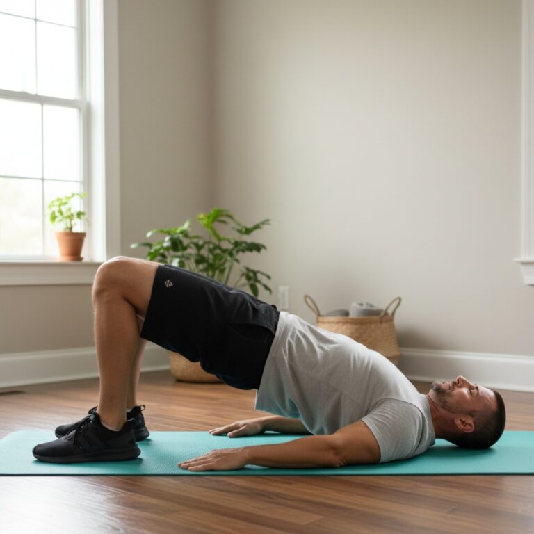 Man in his 40s performing glute bridge exercise on yoga mat at home for Thanksgiving morning workout