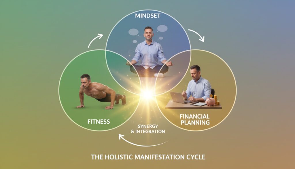 Interconnected cycle diagram showing how fitness, mental clarity, and financial planning support each other in a continuous loop of growth and progress