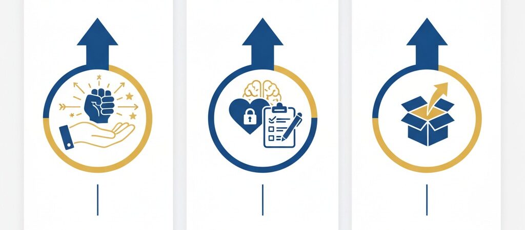 Infographic showing three money mindset shifts: scarcity to abundance, emotional to intentional, and fixed to growth mindset for wealth building after 40