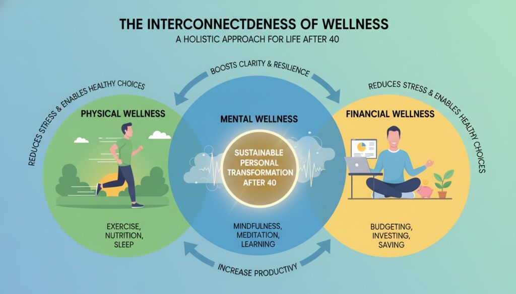Three interconnected pillars showing physical wellness exercise mental clarity meditation and financial independence planning for men over 40 integrated wellness approach