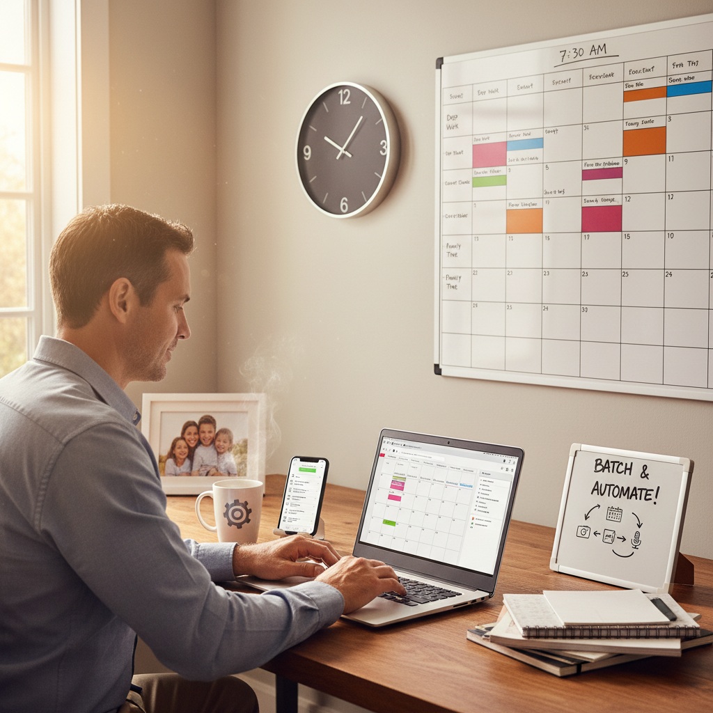Man in his 40s using strategic time management and batch productivity to build side hustle without sacrificing family time