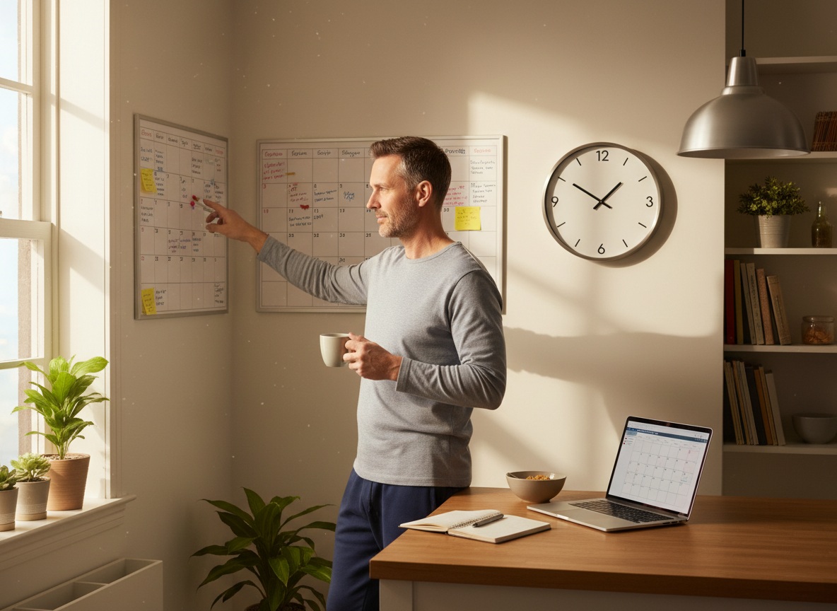 Man in his 40s reviewing calendar and planning available time blocks for side hustle in early morning with coffee