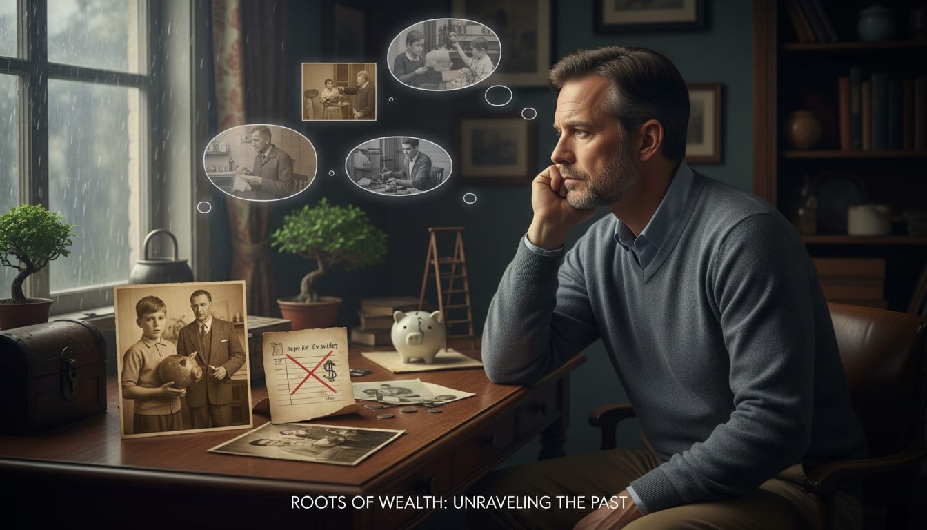 Man in his 40s reflecting on childhood memories and family photos, understanding how past experiences shaped his money beliefs and financial behavior