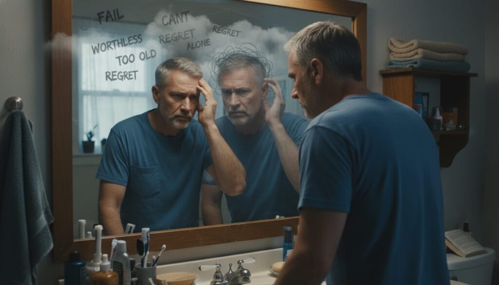 Man in his 40s standing before mirror confronting negative self-talk and limiting beliefs