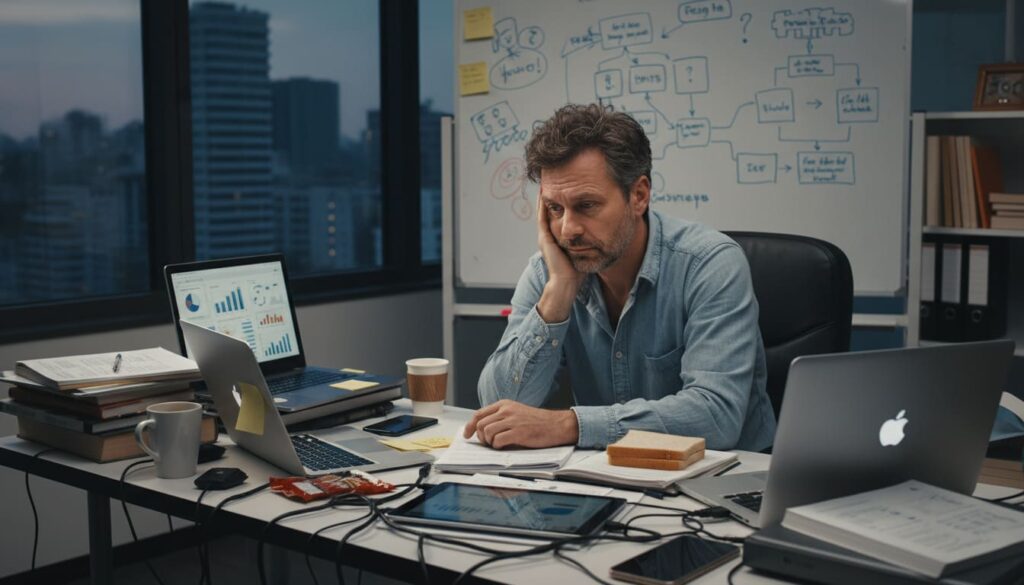 Exhausted man in his 40s showing signs of decision fatigue at cluttered desk with multiple tasks