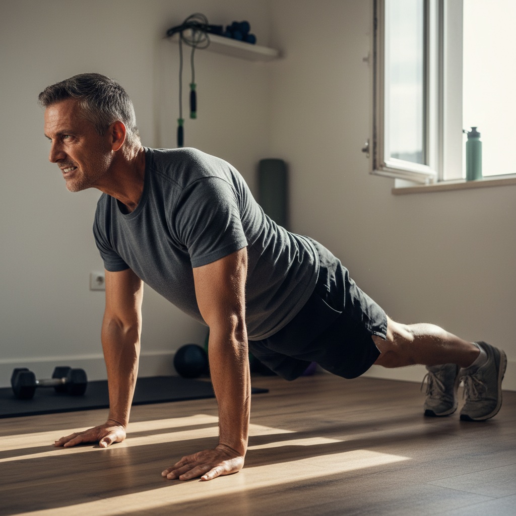 Plank hold exercise in push-up position demonstrating full body movement.