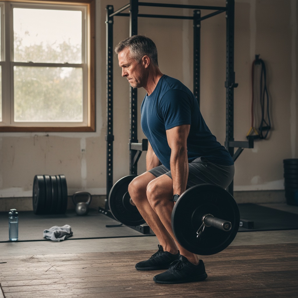 Deadlift exercise demonstration showing proper form with hips hinged and back straight for men over 40