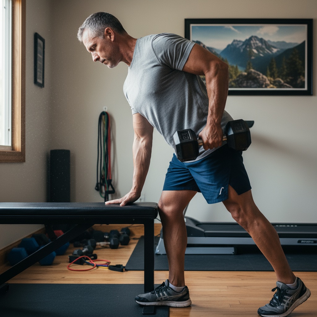 Dumbbell row exercise showing proper bent-over form with back straight for efficient upper body training