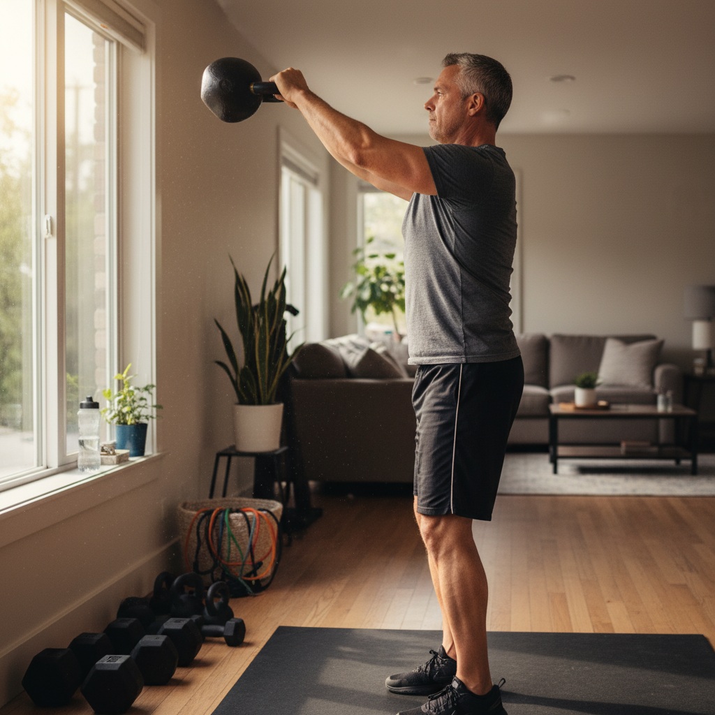 Kettlebell swing exercise showing explosive hip thrust at top position for full body weekend warrior workouts