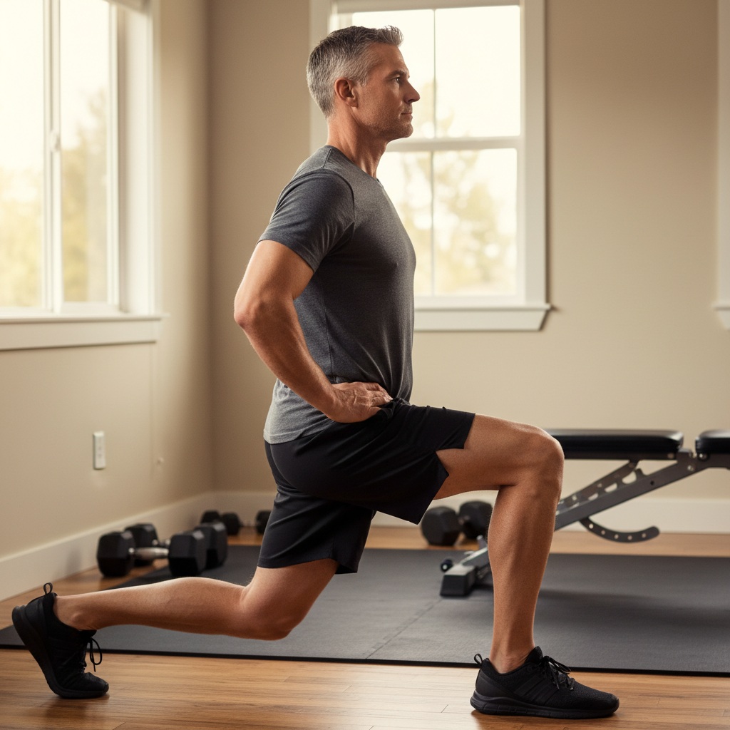 Lunge exercise form showing deep lunge position with front knee at 90 degrees.
