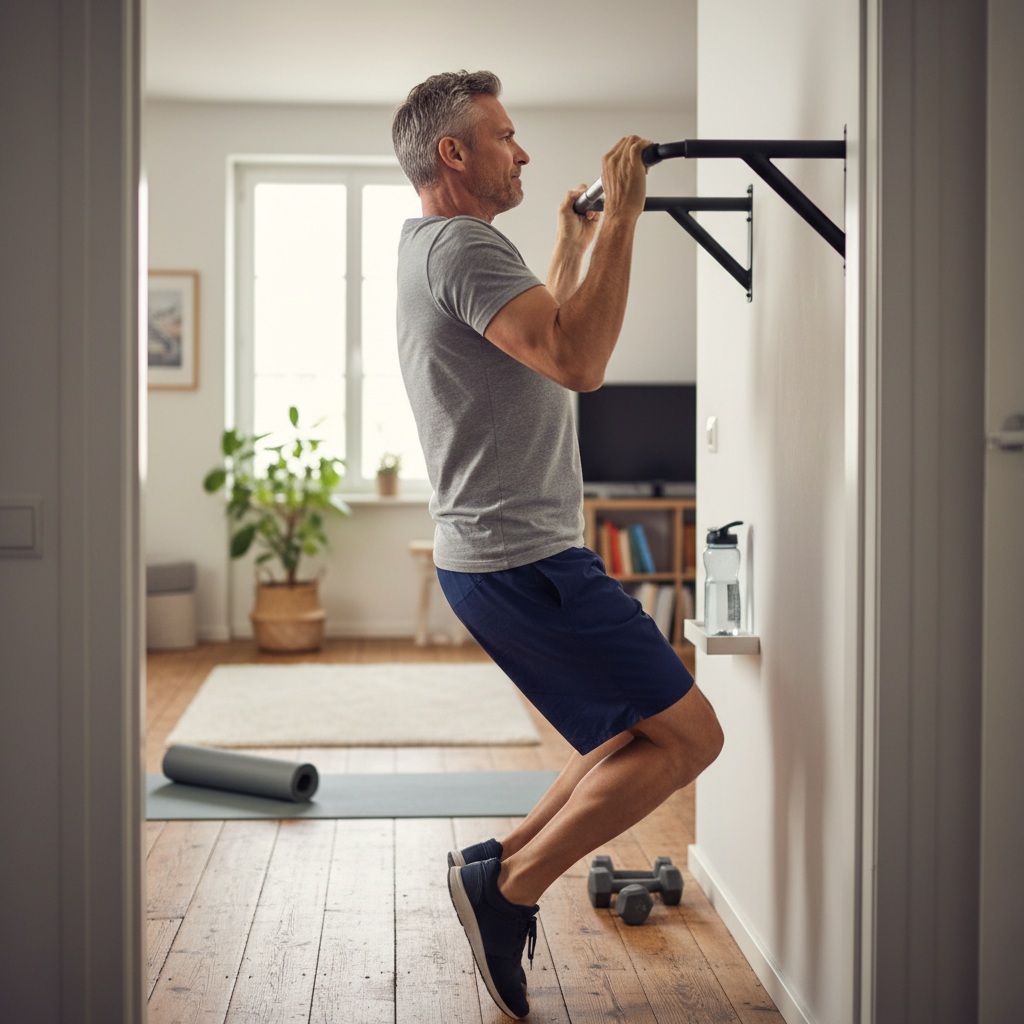 Pull-up exercise demonstration showing chin above bar position for maximum upper body strength training