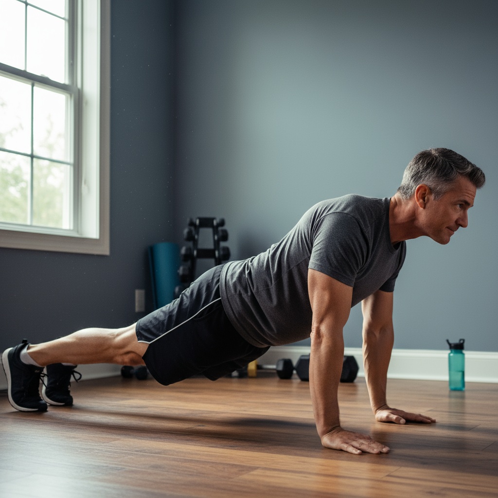Man in his 40s demonstrating proper push-up position with straight body alignment for weekend warrior workouts