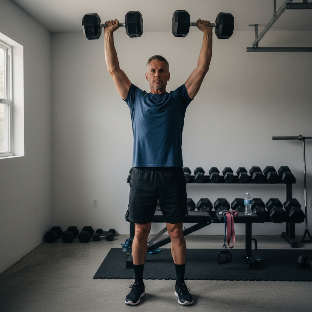 Shoulder press exercise with dumbbells overhead showing proper form for weekend warrior upper body workouts
