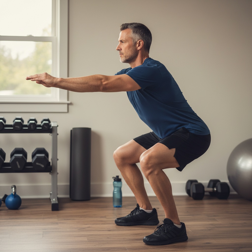 Man in his 40s demonstrating proper squat form with knees bent at 90 degrees for weekend warrior workouts