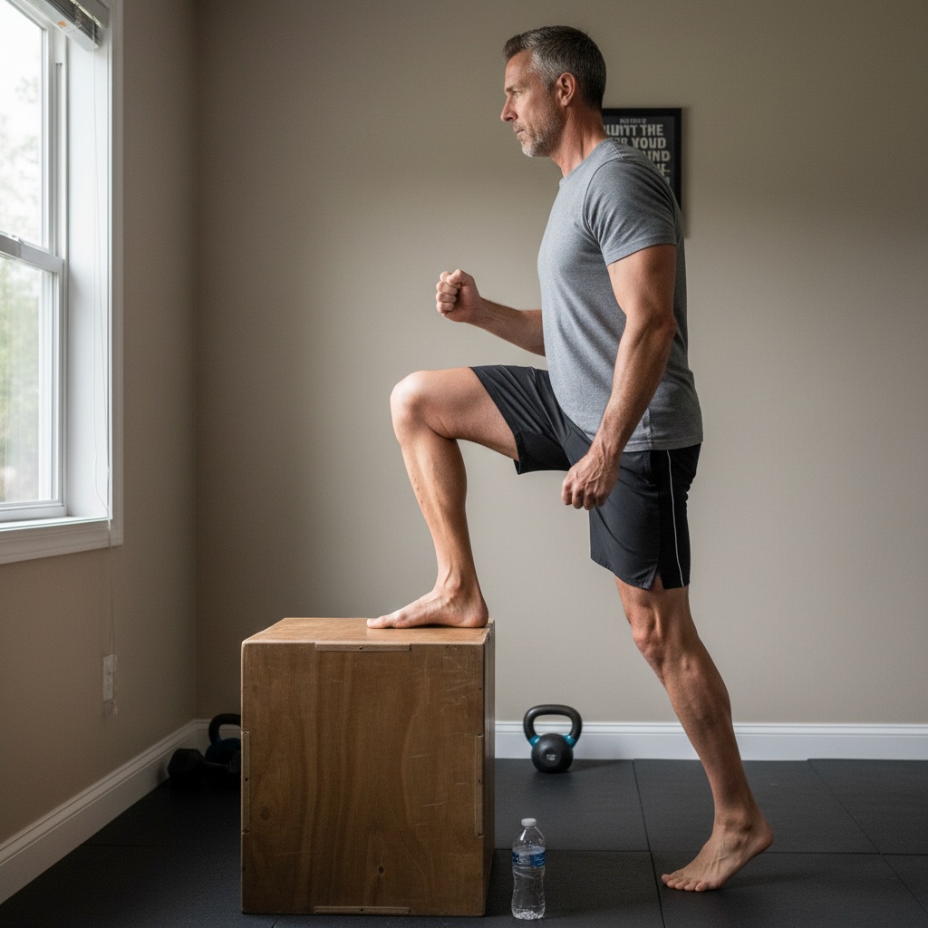 Step-up exercise showing controlled stepping motion onto a bench for time-efficient lower body training