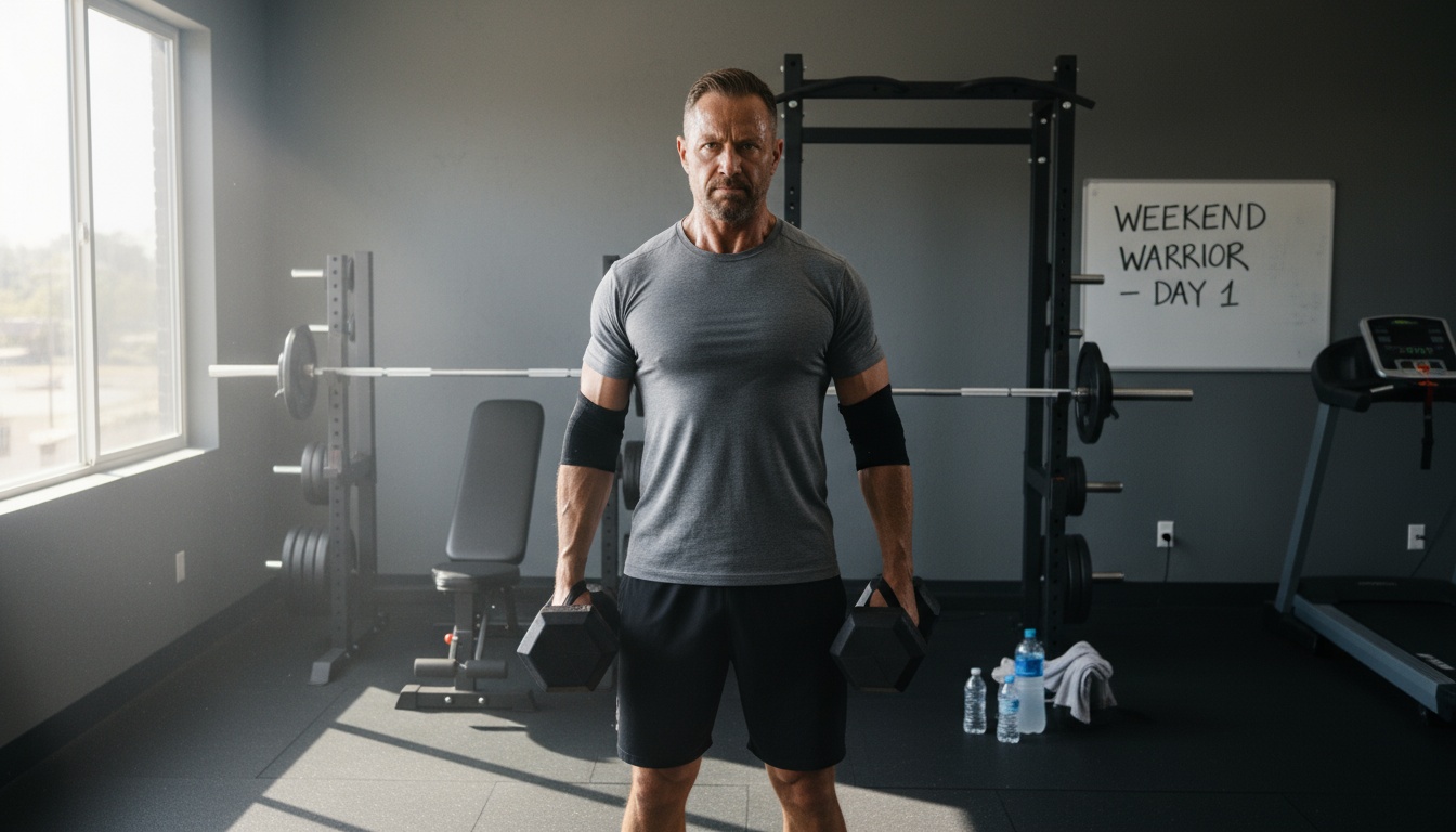Determined man in his 40s with dumbbells in home gym ready for weekend warrior workout training