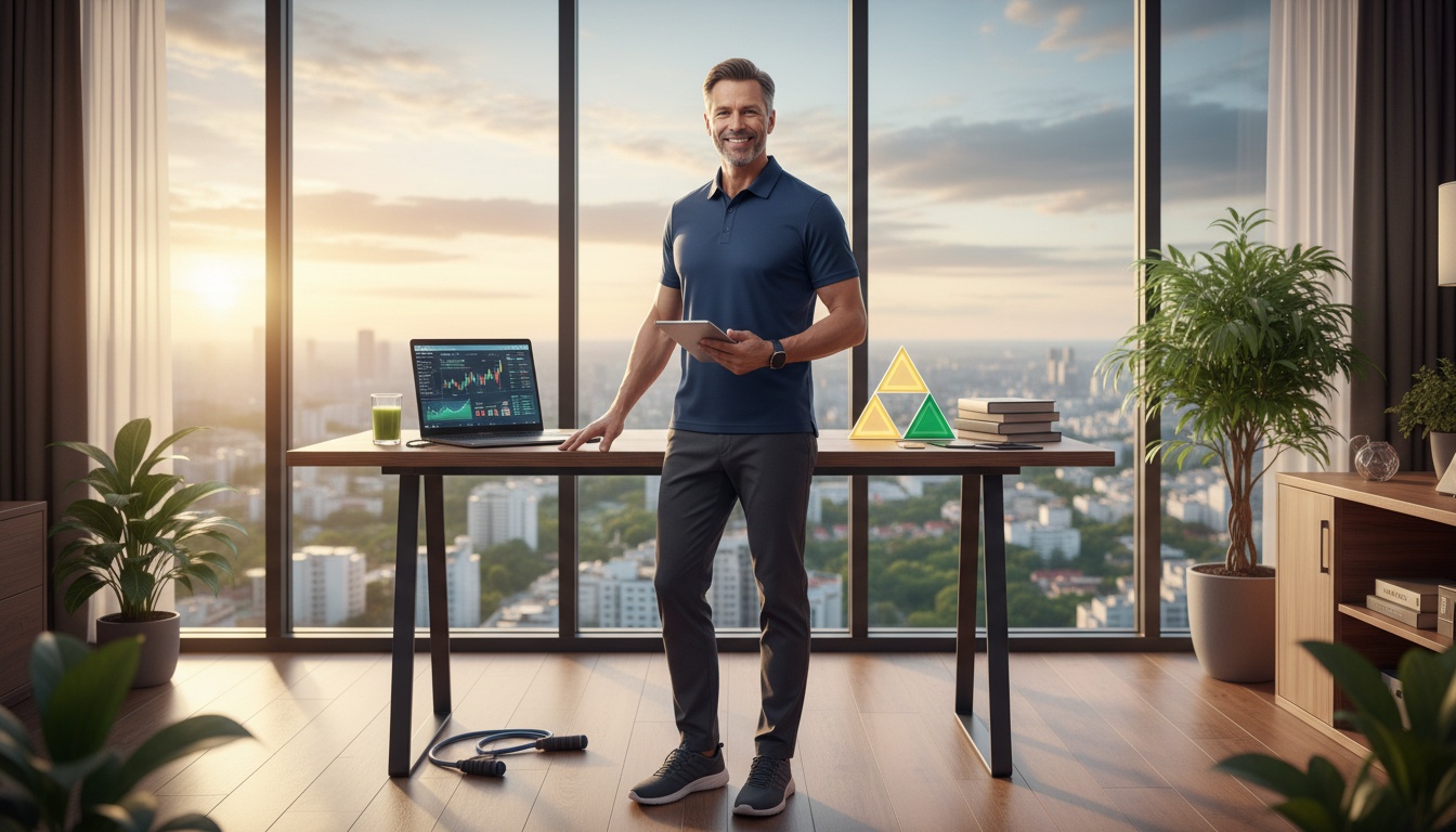 confident man over 40 achieving integrated wellness success health mindset financial stability