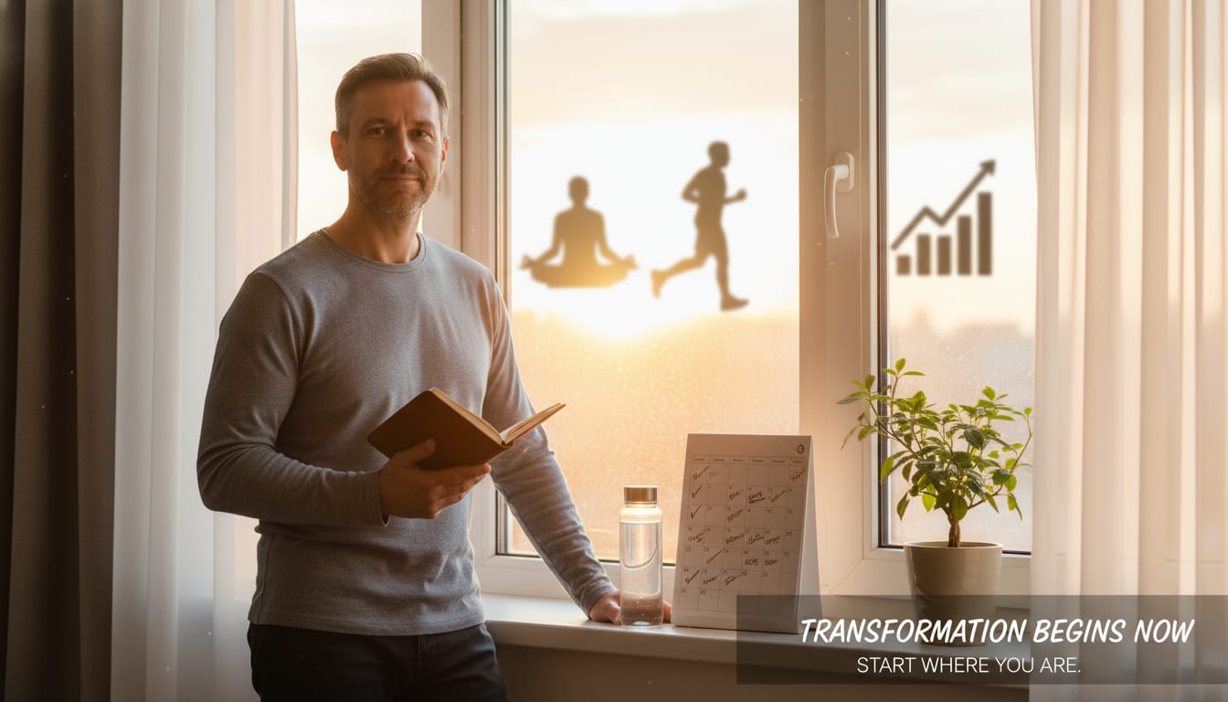 Man in his 40s at sunrise with peaceful determination, surrounded by symbols of mental strength, physical fitness, and financial progress - representing the beginning of his wellness journey