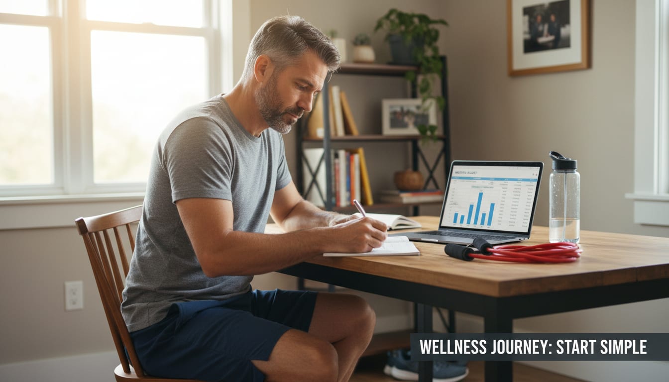 Man in his 40s at home desk with notebook, water bottle, resistance band, and laptop representing mental strength, physical fitness, and financial planning - the wellness triangle in action