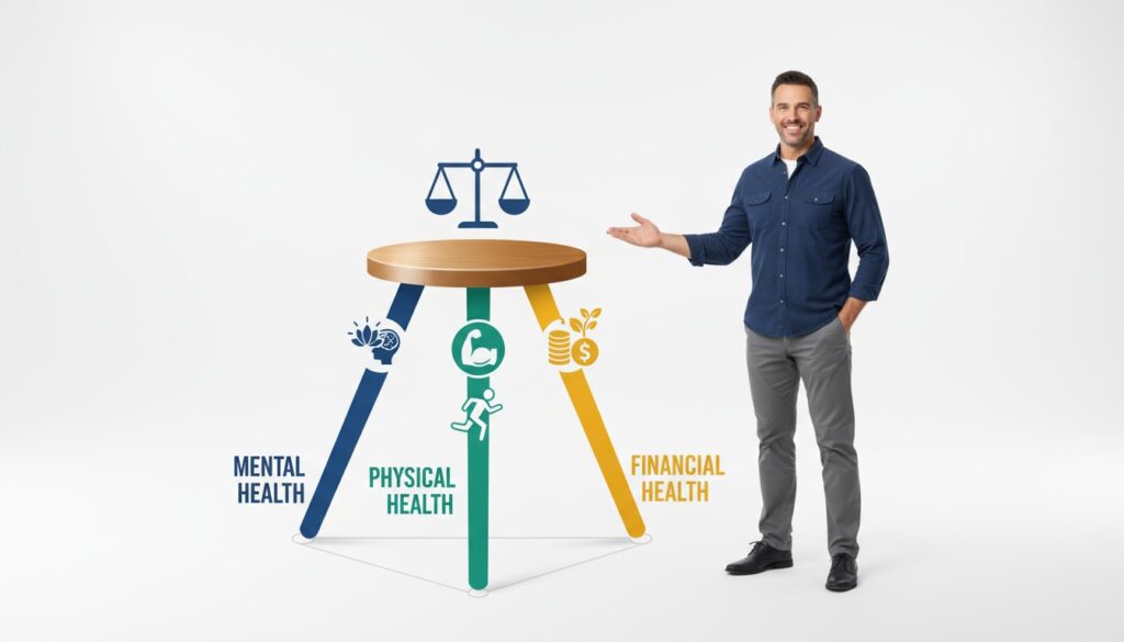 Illustration of a three-legged stool representing the wellness triangle with mental health (blue), physical health (green), and financial health (gold) legs supporting a confident man in his 40s