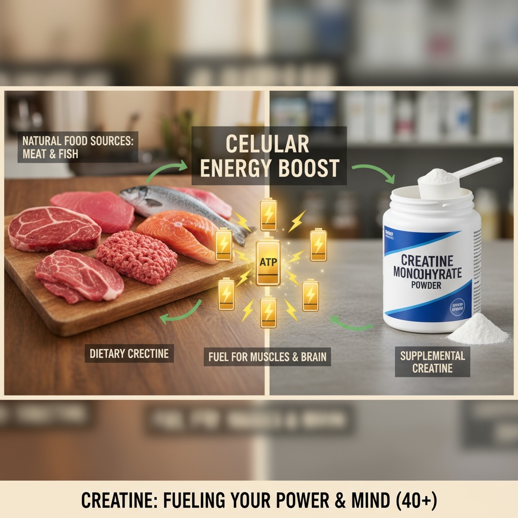 Natural creatine sources including red meat and fish alongside creatine monohydrate powder supplement