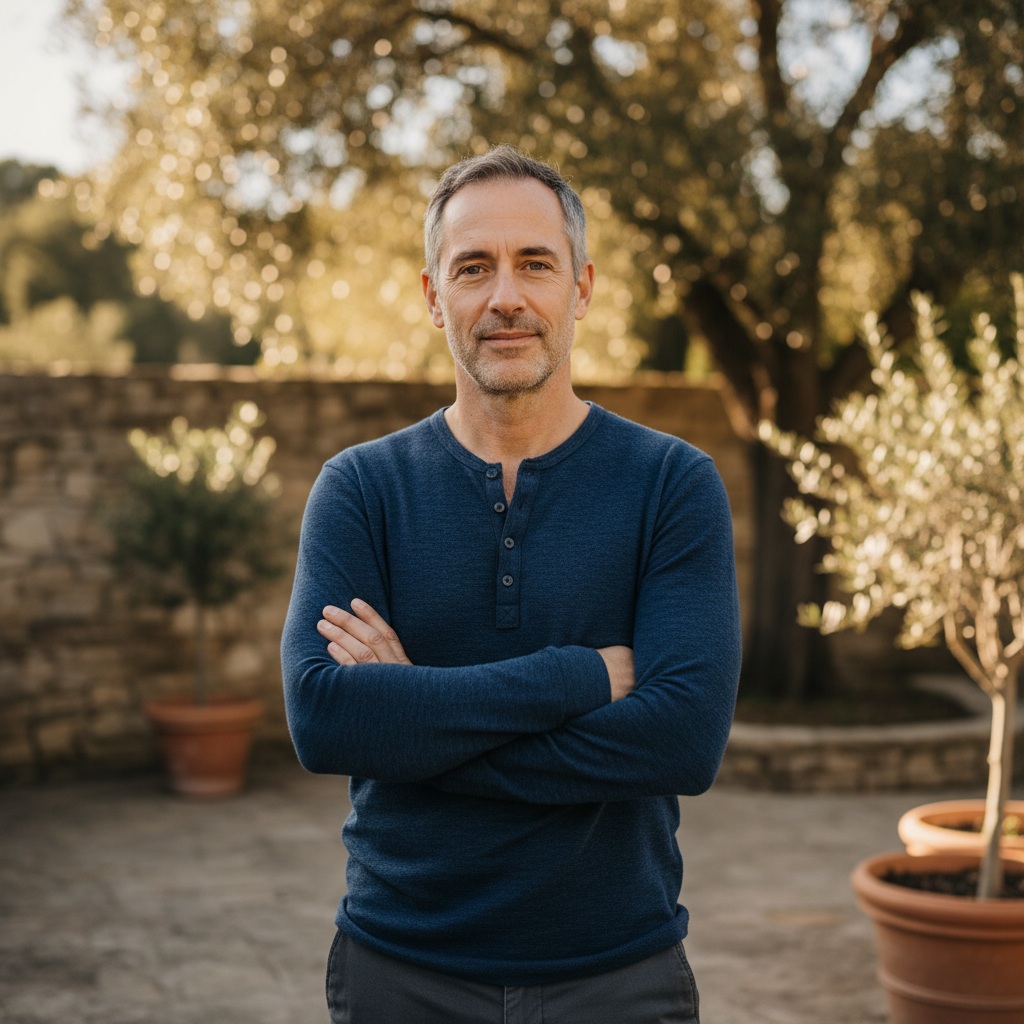 Confident man in his late 40s with arms crossed showing determination and wisdom for wealth building