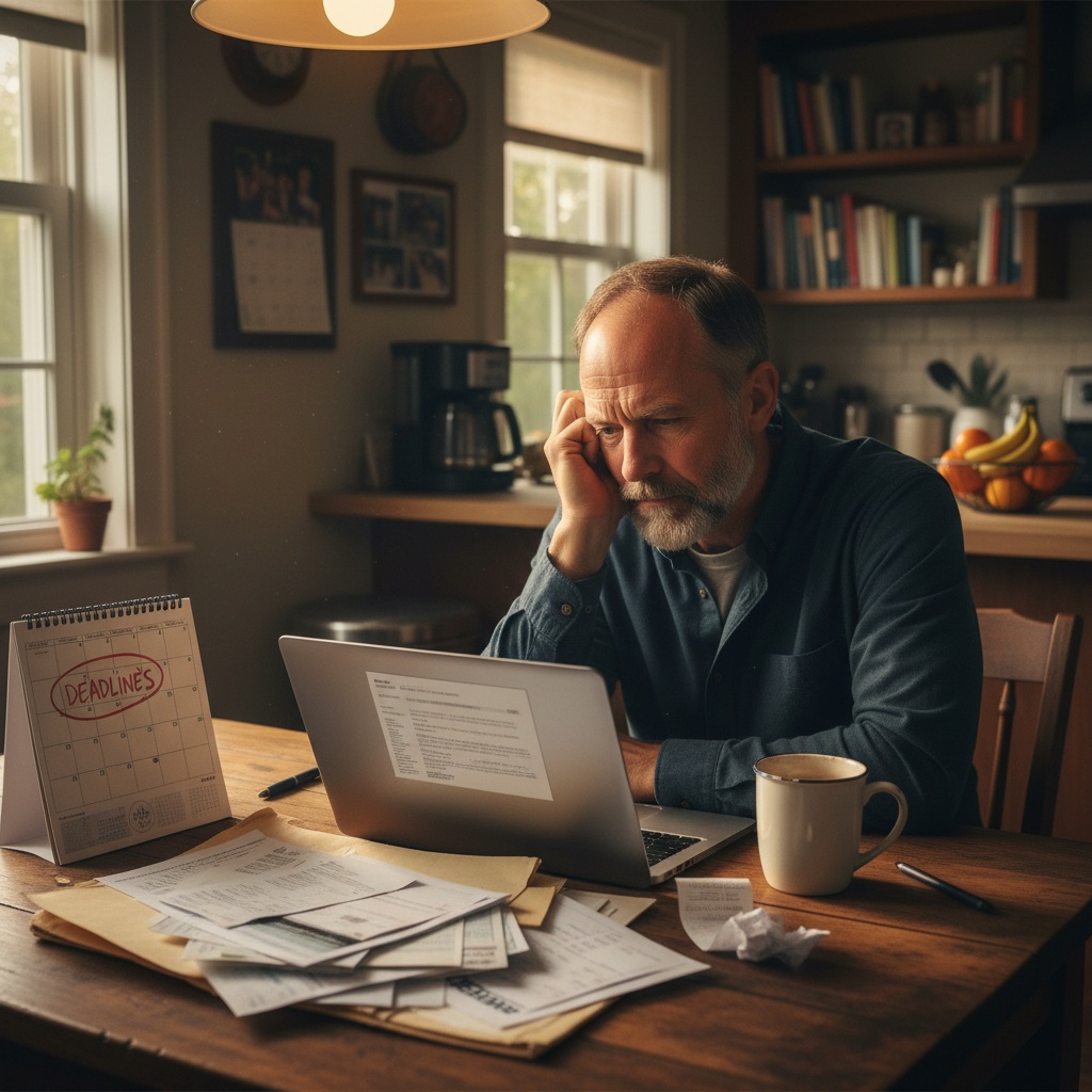 Man in his 40s looking tired and overwhelmed by work stress, bills, and life responsibilities at his desk