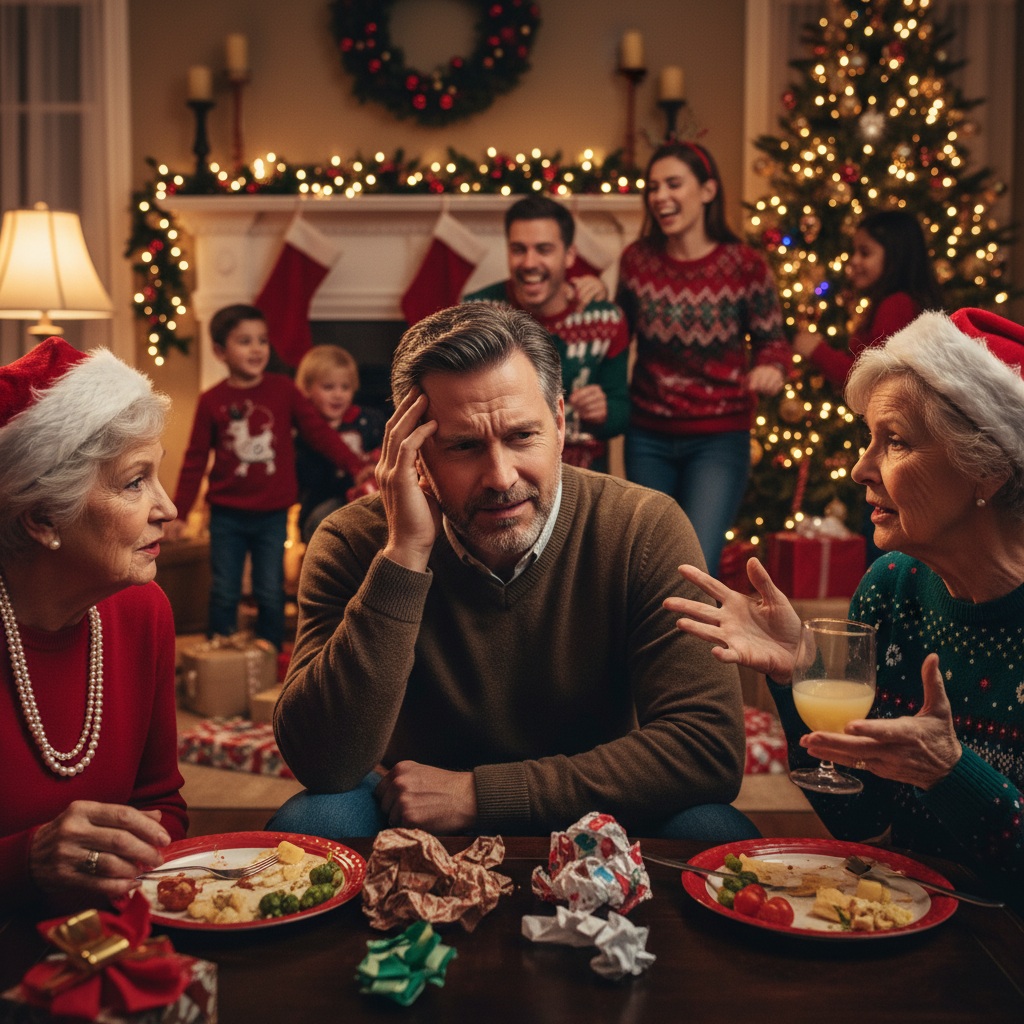 Man in his 40s feeling overwhelmed and stressed during crowded family holiday gathering