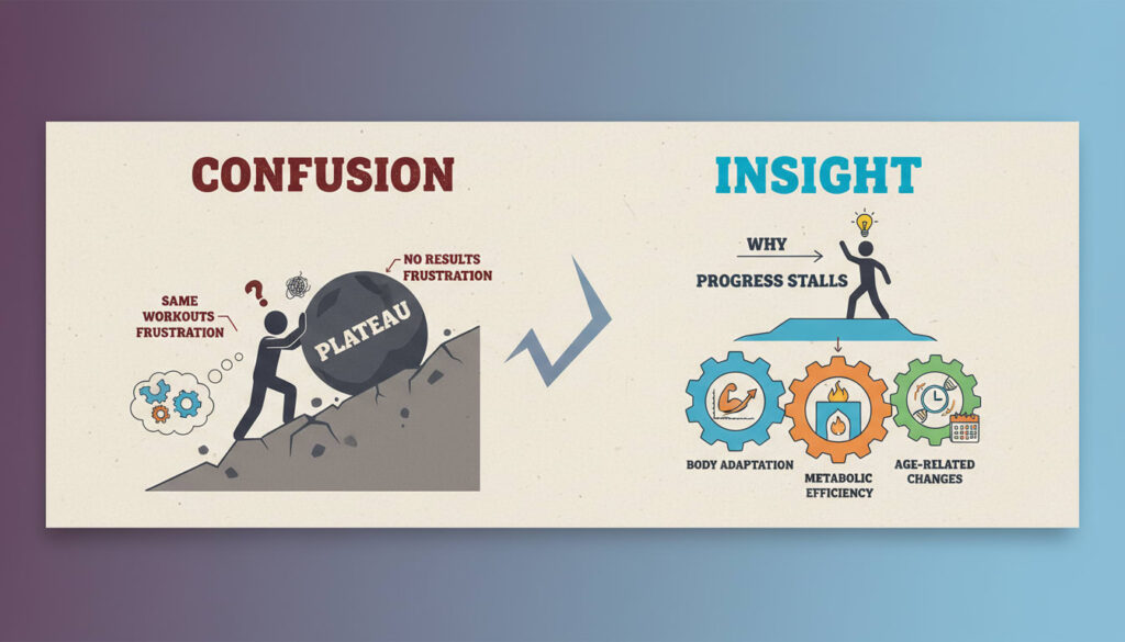 Comparison showing man confused about repetitive workout routine versus understanding body adaptation and metabolic changes after 40
