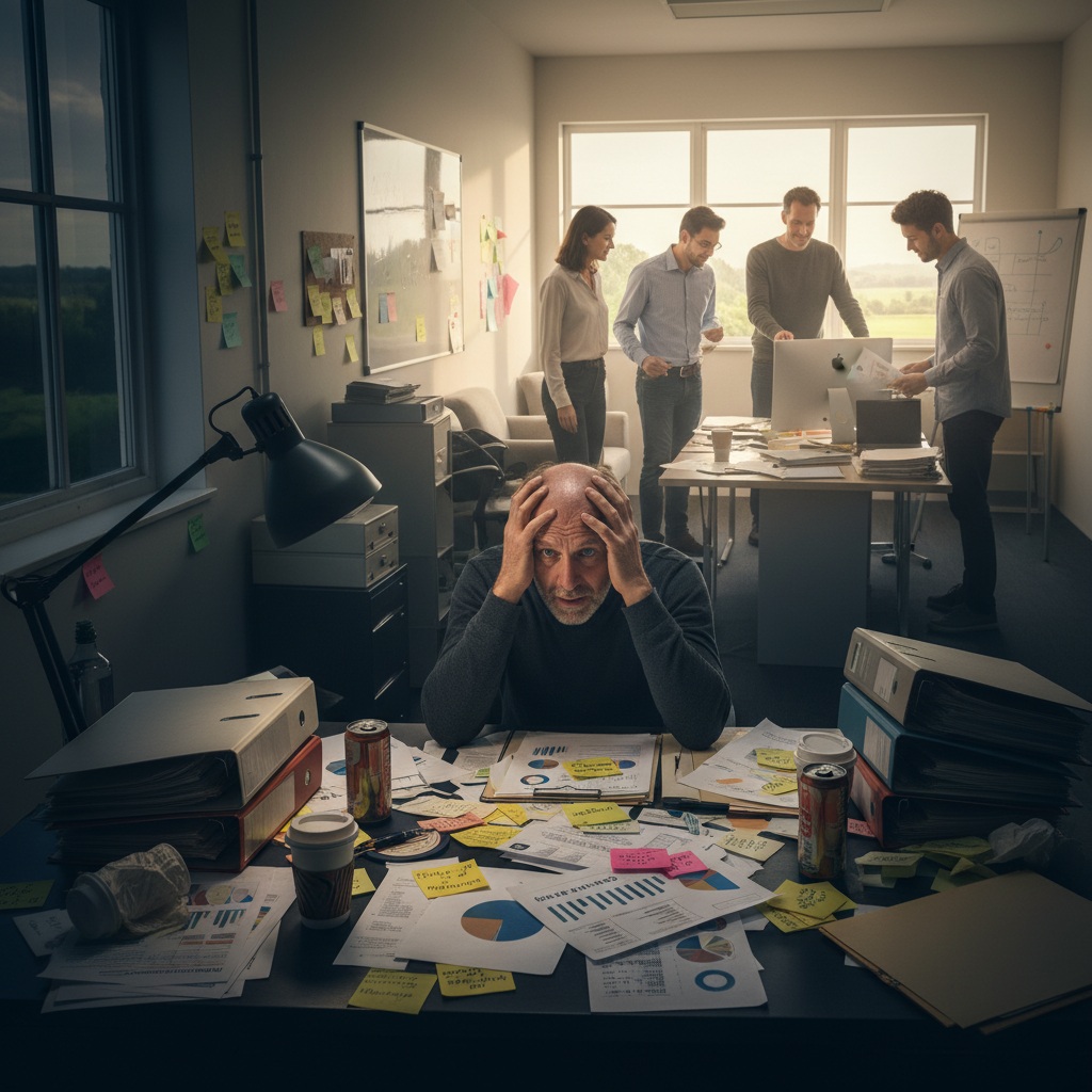 Man overwhelmed and stressed trying to manage everything alone, contrasted with the relief of having support and connection