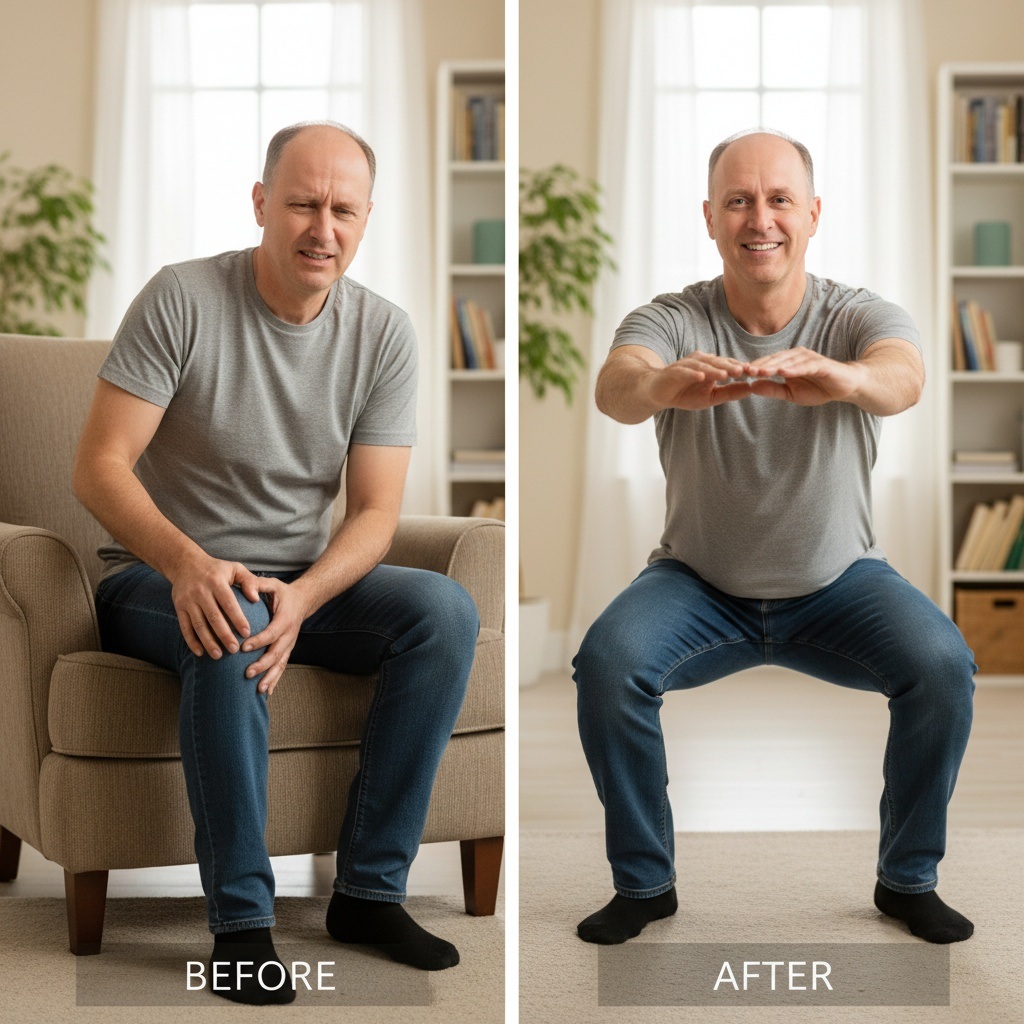 Before and after comparison showing man overcoming joint stiffness and pain after 40 with proper joint health strategies