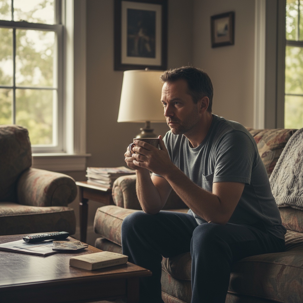 Man in his 40s sitting contemplatively at home showing the internal struggle with fear of change and leaving the comfort zone