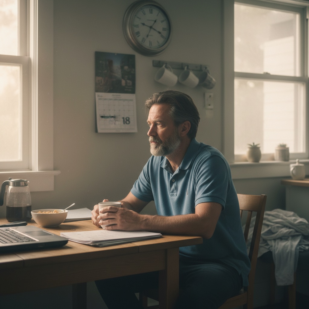 Middle-aged man looking thoughtful at morning coffee, representing feeling stuck in autopilot mode and daily routine