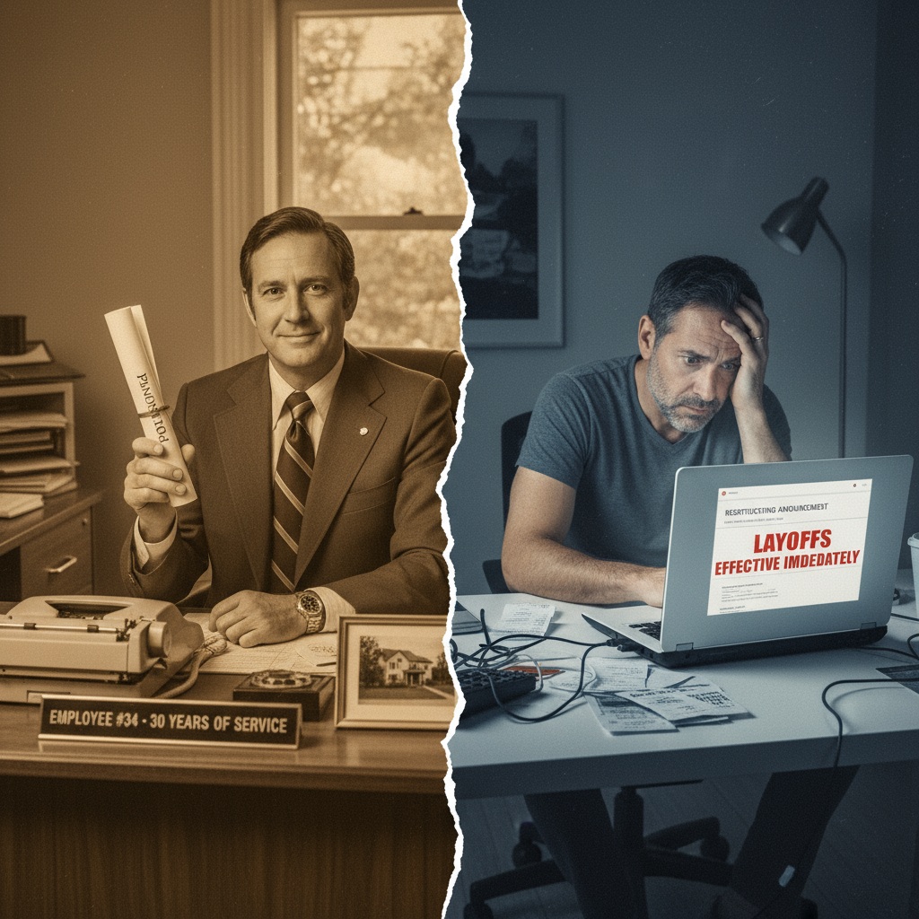 Comparison of stable career past versus uncertain modern job market for men over 40