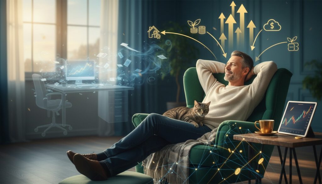 Man experiencing financial freedom and peace of mind from multiple passive income streams after 40