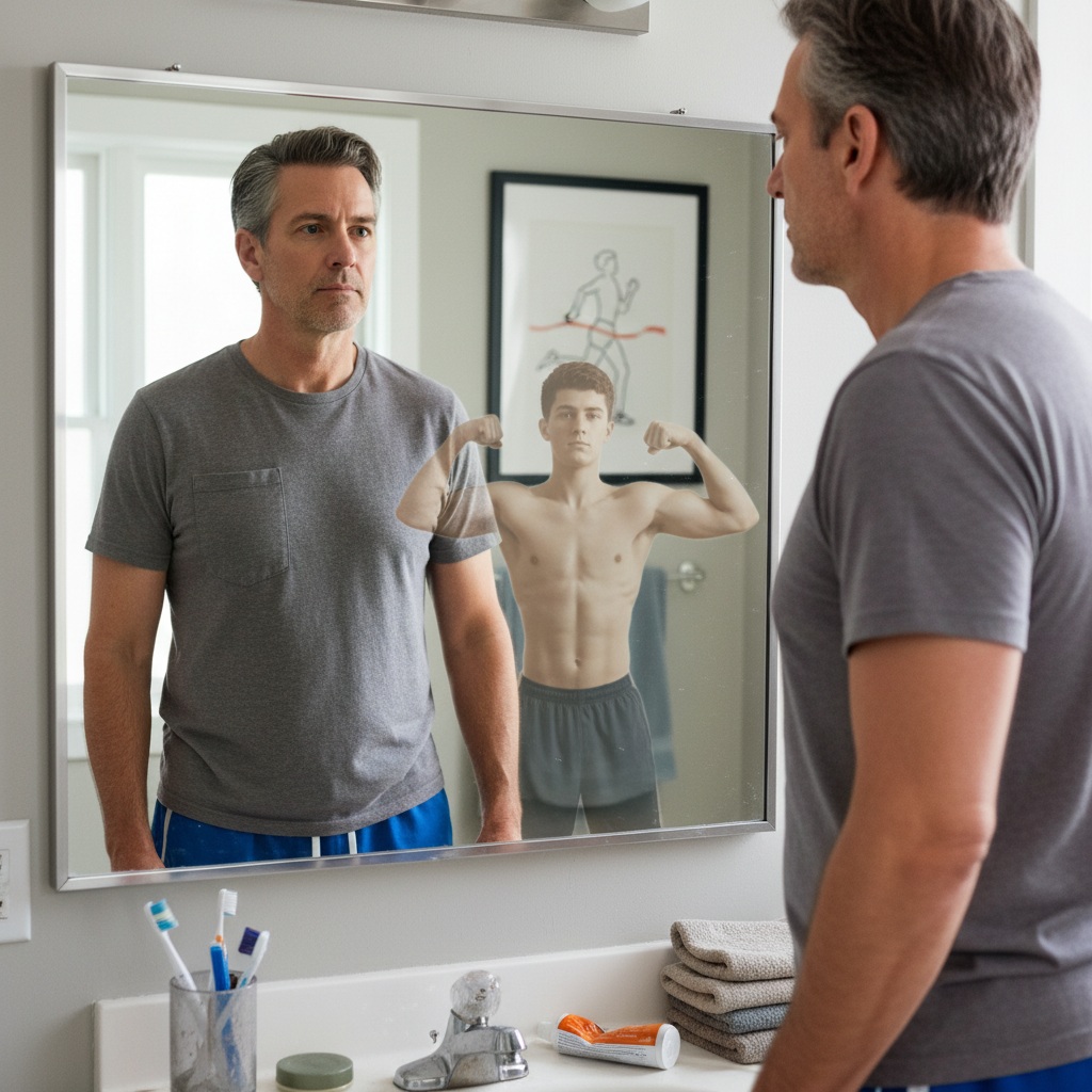 Man in his 40s reflecting on how his body has changed with age - understanding fitness after 40