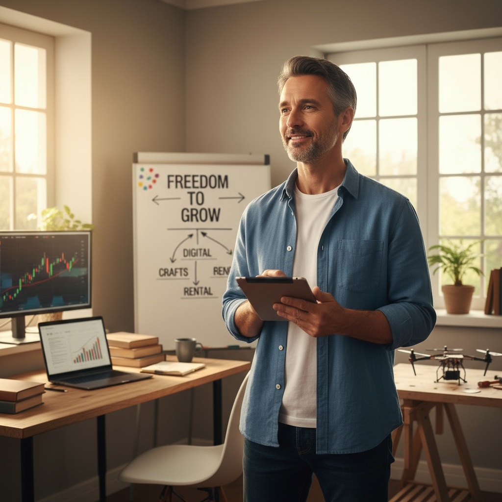 Confident man in his 40s holding tablet representing side hustle opportunities and financial independence
