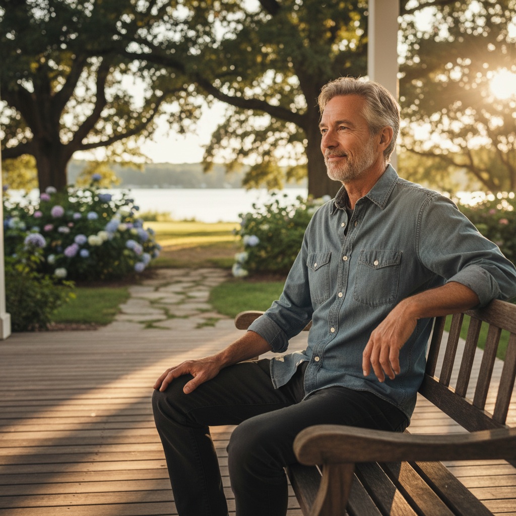Mature man in his 50s with grey hair sitting outdoors reflecting on life experience and wisdom