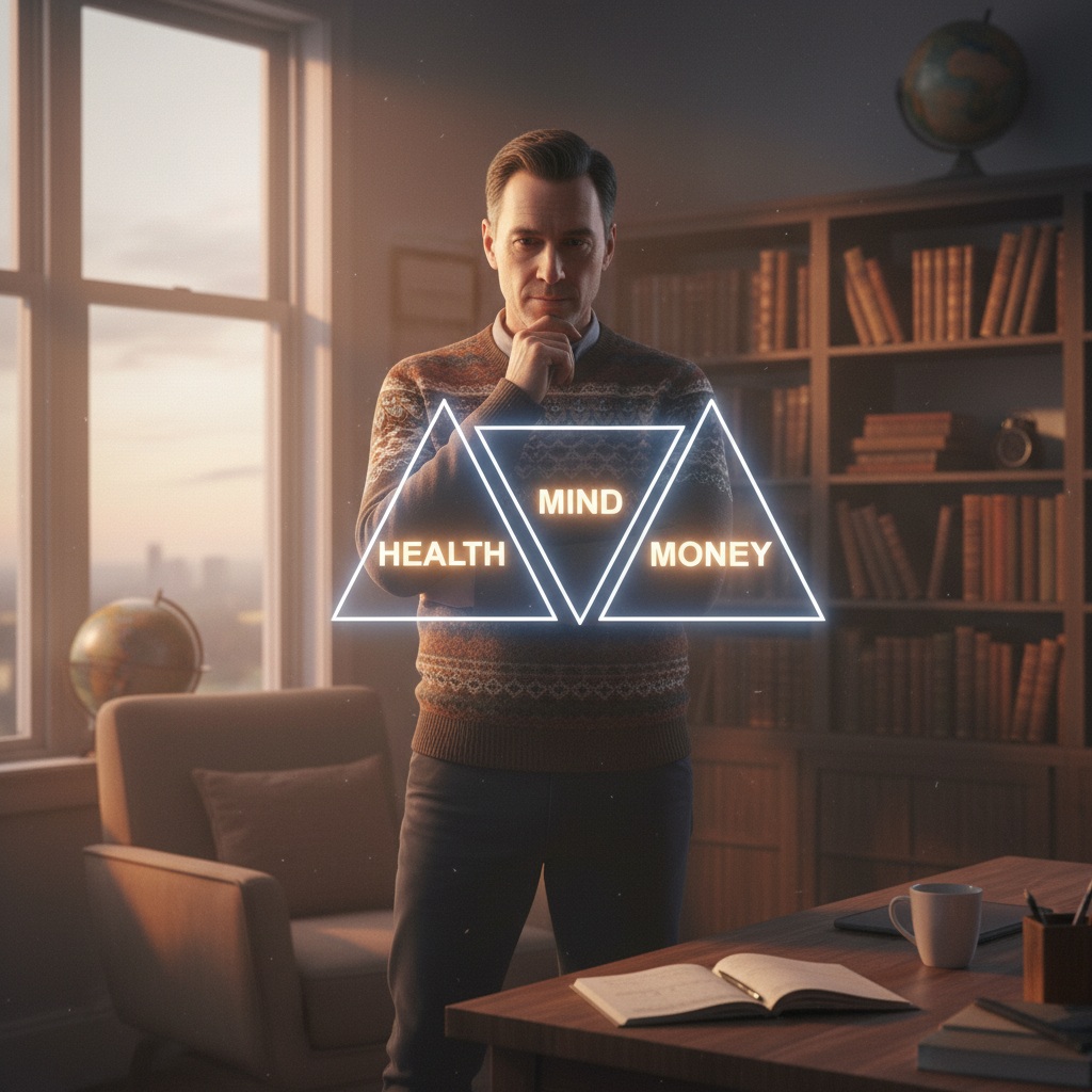 man over 40 understanding wellness triangle framework showing health mind money connections