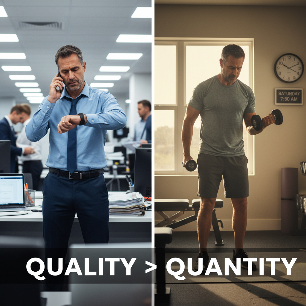 Comparison showing busy weekday versus focused weekend workout for men over 40 demonstrating quality over quantity