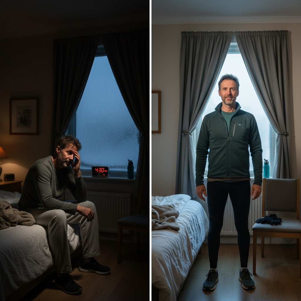 Comparison of man struggling with winter morning workout motivation versus being prepared and energized with proper strategies