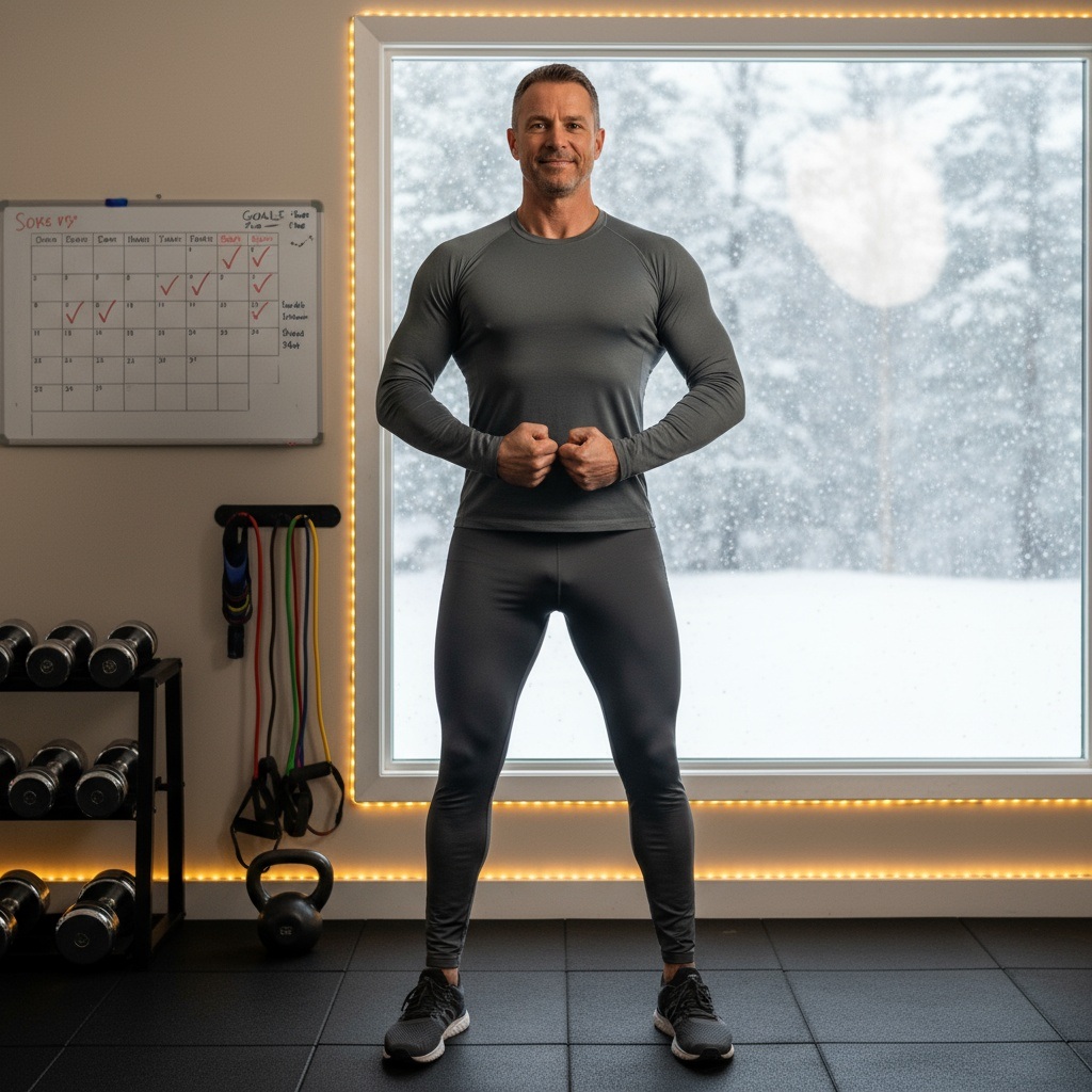 Confident man over 40 showing fitness progress and strength after staying consistent with winter workouts while snow falls outside