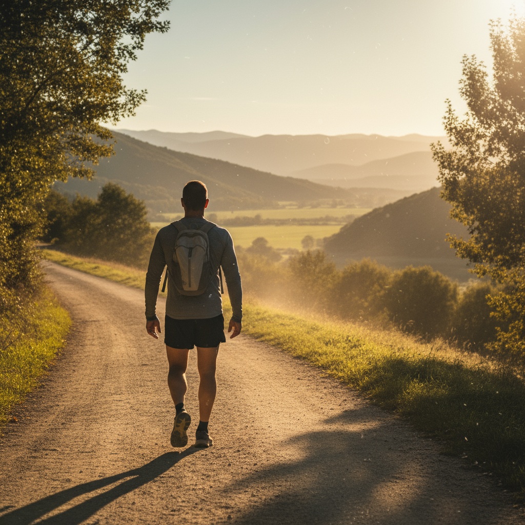 Man in his 40s walking forward on path taking action despite fear building confidence after 40