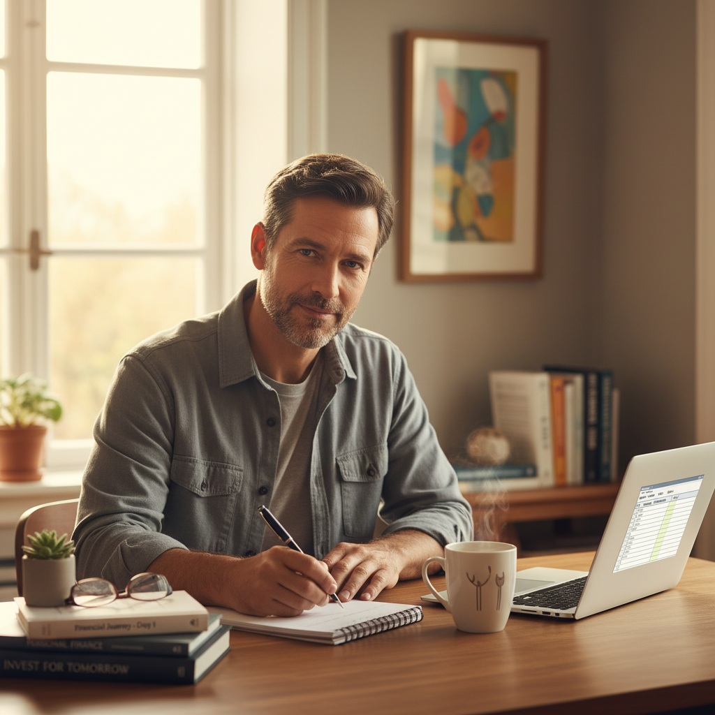 Man in his 40s beginning his financial reset journey with notebook and planning materials
