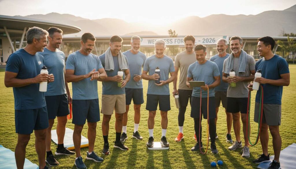 Diverse men in their 40s and 50s outdoors, supporting each other after wellness activities, using fitness tech and gear, 2026